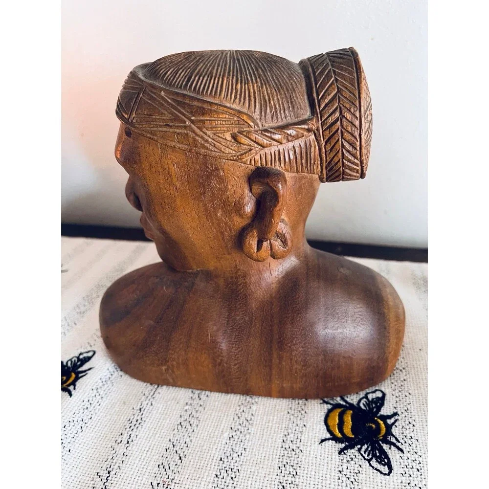 Indigenous Hand Carved Native Wood Bust Statue